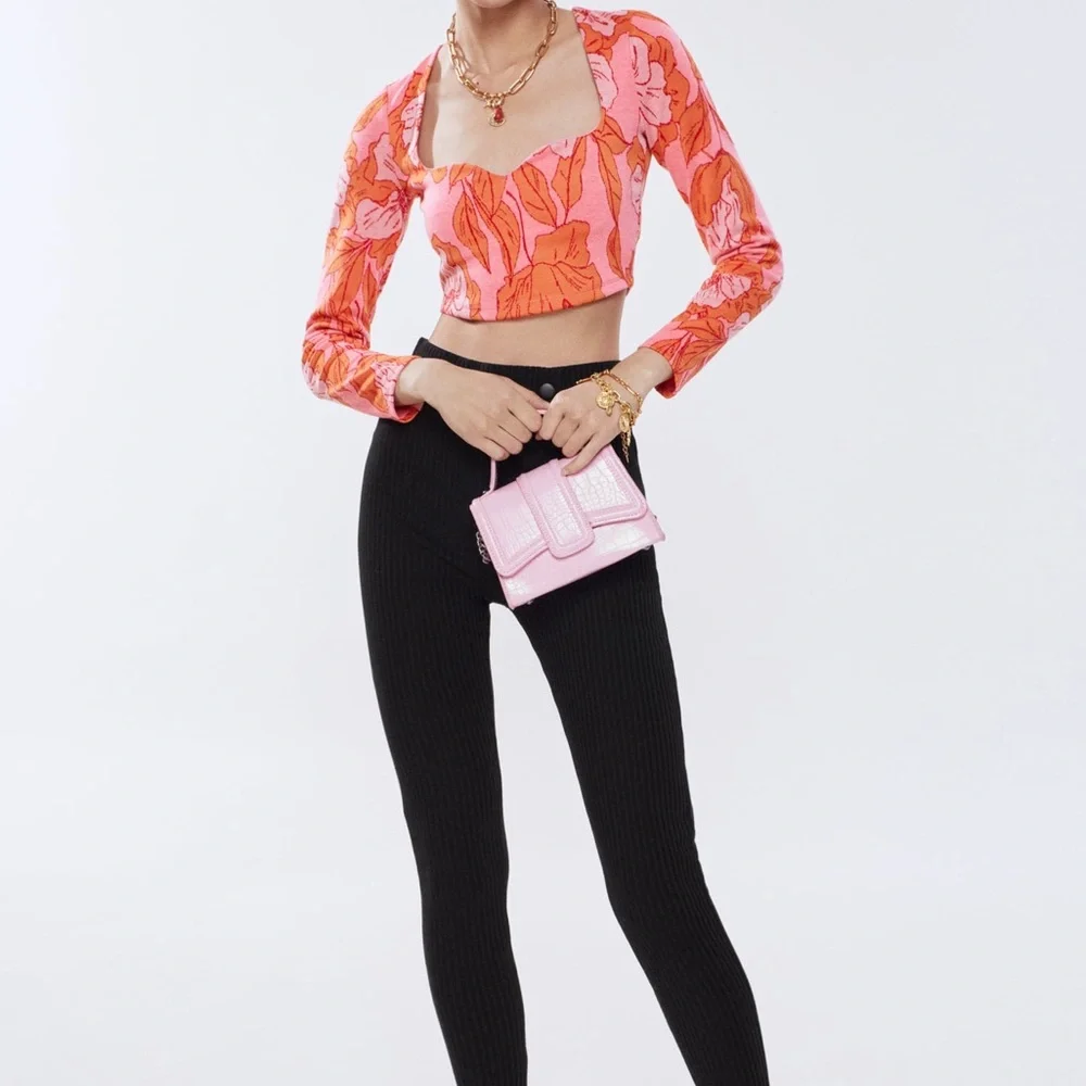 Zara Pink/Orange Floral Long Sleeve Sweetheart Neckline Bloggers Fav Cropped Top